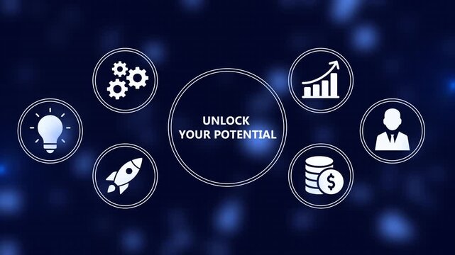 Unlock your potential concept with business icons against a dynamic blue background