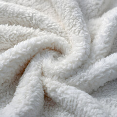 Close-up of a soft, white sherpa fabric with swirlin patterns, perfect for bacgrounds, textures, and coz, comfortable designs. Theplush material offers warmh and invites relaxation.