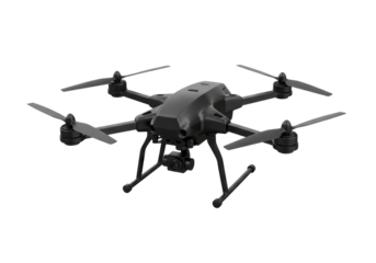 Isolated dark-colored modern drone, a flying camera hovering in the air, professional look
