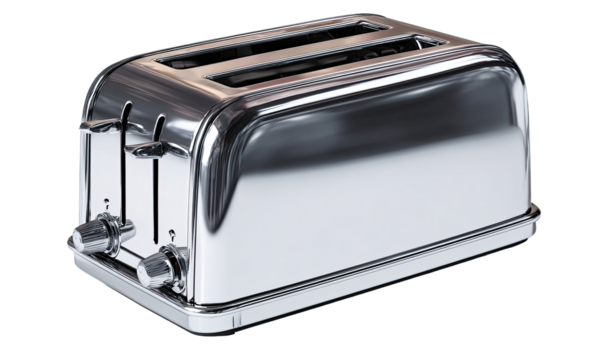 Sleek, chrome toaster with two slots and controls