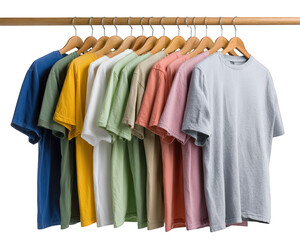 Fototapeta premium Colorful t shirt collection on wooden hangers, plain cotton short sleeve tops in various shades, casual fashion display, organized and vibrant, isolated on transparency background