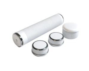 White cylindrical tube and three round caps.  The tube is slightly longer than the caps, and all components are white with a metallic band at the base of the tube and caps