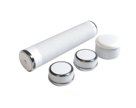 White cylindrical tube and three round caps.  The tube is slightly longer than the caps, and all components are white with a metallic band at the base of the tube and caps