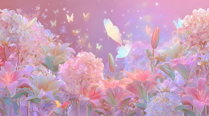 Butterflies flying in a dreamy flower field. Beautiful pastel fantasy art