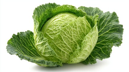 Obraz premium Fresh Green Cabbage with Crisp Leaves and Textured Surface, Isolated on White Background Perfect for Culinary and Health-Related Imagery