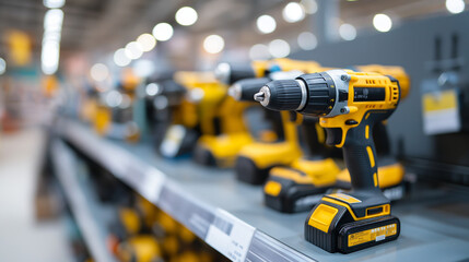 Neatly organized power tools displayed on retail shelving with bright LED lighting showing cordless drills circular saws and impact drivers with price tags and promotional
