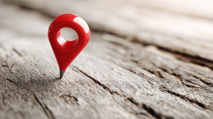 Red Location Marker on Rustic Wooden Surface for Navigation and Travel Concept with Modern Minimalist Design Aesthetic in Soft Natural Light