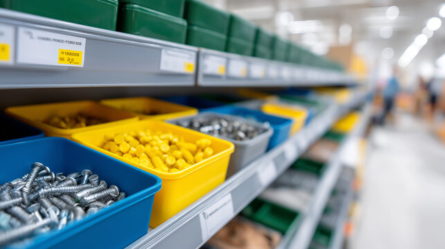 Hardware aisle filled with bins of screws bolts and fasteners in organized compartments with clear labeling systems and a blurred customer browsing in the background for scale