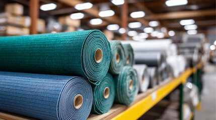 Roofing supplies section displaying rolls of shingles tar paper and flashing materials stacked on industrial shelving with overhead warehouse lighting creating depth and
