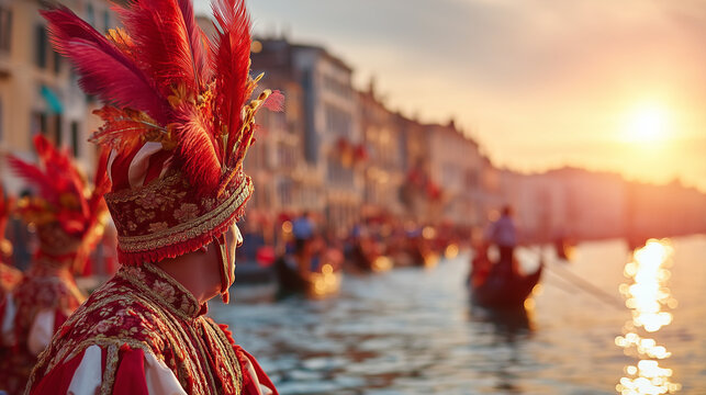 Venetian Masked Participant in Red Costume at Sunset Regata Storica Festival on Grand Canal Venice Italy