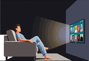 Man relaxing on couch watching streaming service on television.