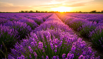 Obraz premium Lavender field blooming at sunset in a picturesque landscape