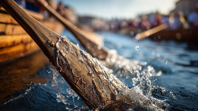 Traditional Venetian Wooden Oars Splashing Water during Regata Storica Festival Rowing Race in Venice