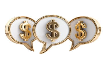 Creative design of speech bubbles featuring golden dollar symbols for financial discussions and concepts on transparent or white background