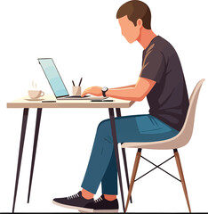 Man Working on Laptop at Desk with Coffee.