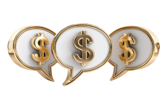 Creative design of speech bubbles featuring golden dollar symbols for financial discussions and concepts on transparent or white background