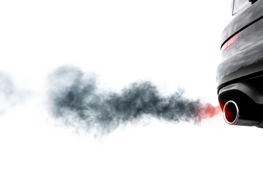 Car exhaust smoke dispersing from a vehicle's tailpipe on transparent or white background