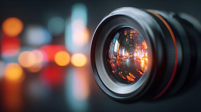 Close-up of a camera lens reflecting vibrant city lights, showcasing colorful bokeh and urban ambiance.