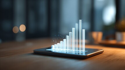 A tablet displaying a glowing 3D bar graph representing data growth, surrounded by a sleek, modern workspace.
