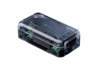 Transparent enclosure housing circuit board with components.  Clear plastic case showing internal electronics.  Rectangular shape.