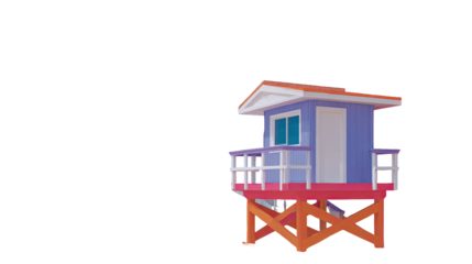 Purple lifeguard tower with white railings isolated on transparent background.