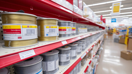 Electrical supplies aisle showcasing wire spools outlet boxes and circuit breakers on organized wall displays with safety equipment and testing tools visible in the retail