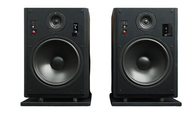 Fototapeta premium Two black studio monitor speakers, front view