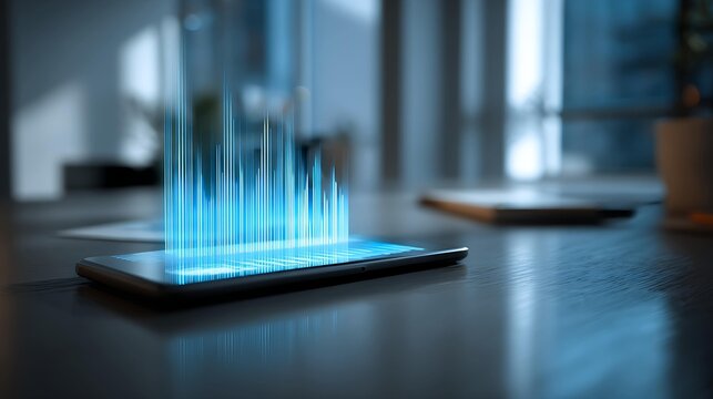 Modern smartphone displaying a vibrant sound wave graphic in a sleek, minimalist office environment.