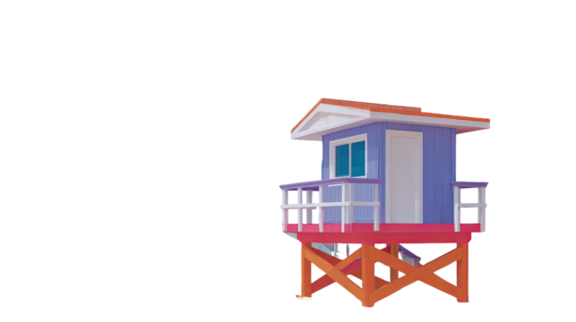 Purple lifeguard tower with white railings isolated on transparent background.