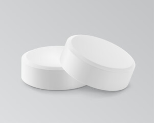 Realistic round tablet mockup isolated on grey background. Vector illustration. Can be used for pharmacy and cosmetic. Mockup versatile for health and wellness projects. EPS10.