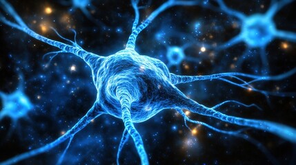 A vivid depiction of a neural network, showcasing interconnected neurons glowing in blue against a dark background, representing the complexity of the brain.