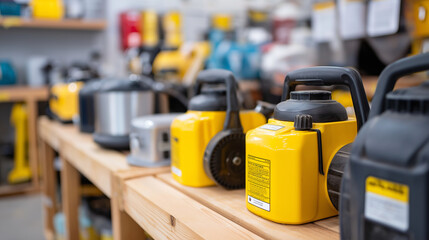 Fototapeta premium Tool rental counter displaying heavy equipment like pressure washers concrete mixers and floor sanders with rental agreements and safety information prominently featured tool