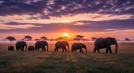 Group of elephants walking across the African savanna during a beautiful sunrise