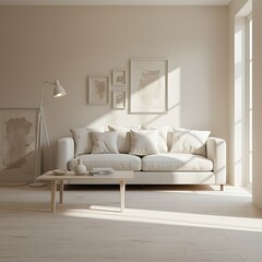 Fototapeta premium Minimalist Living Room Interior with White Couch and Neutral Decor Elegant Home Design and Sunlight Streaming In