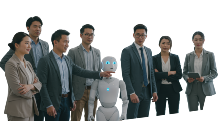 A diverse group of multi-generational professionals and a sleek humanoid robot in a bright corporate office, collaborating. Concept of human-AI collaboration