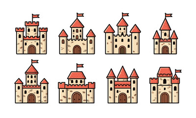 Fototapeta premium A collection of eight charming cartoon castle illustrations, each featuring stone walls, red roofs, and flags, designed in a playful and detailed style.