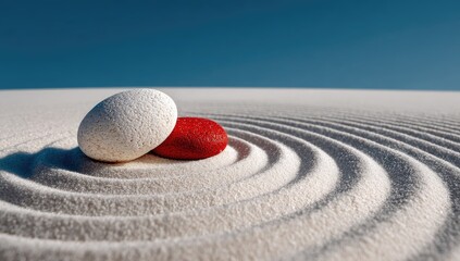 Serene zen garden with white and red pebbles on raked sand under a clear blue sky