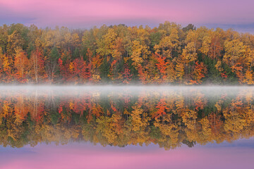 Foggy autumn landscape of the shoreline of Moccasin Lake with mirrored reflections in calm water, Hiawatha National Forest, Michigan's Upper Peninsula, USA