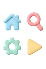 Fototapeta premium Clay pastel UI icons set isolated on transparent background home search settings and play button soft 3D style for app and web design