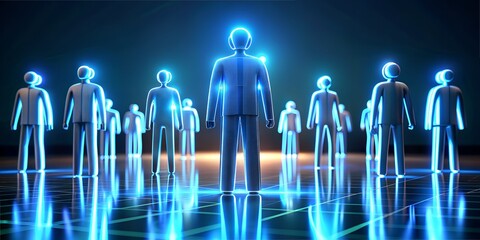 Characters glowing in a futuristic environment during a digital gathering at dusk glowing characters, futuristic gathering, digital landscape, blue lights, characters, neon illumination, virtual meeti