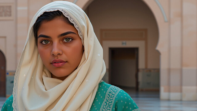 Plus size young Muslim woman wearing hijab near the traditional mosque and looking confidently at camera 