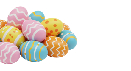 Vibrant handcrafted easter eggs with unique patterns, stacked on a transparent studio background with soft lighting, high-angle view, festive spirit of easter.