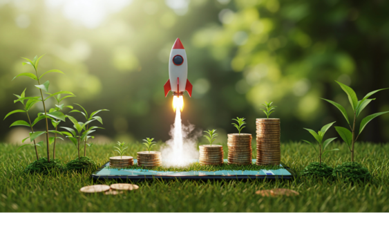 Startup Rocket Launching Over Growing Money Plant with Coins in Lush Greenery