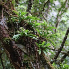 Obraz premium Colorful orchids and bromeliads thriving amidst verdant foliage.