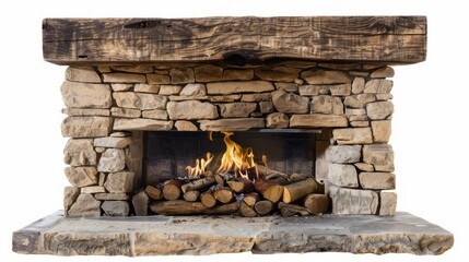 Rustic stone fireplace with burning logs