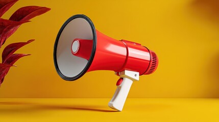 Fototapeta premium Bright Red Megaphone on Vibrant Yellow Background with Green Plant Accents for Attention-Grabbing Advertising and Public Speaking Concepts