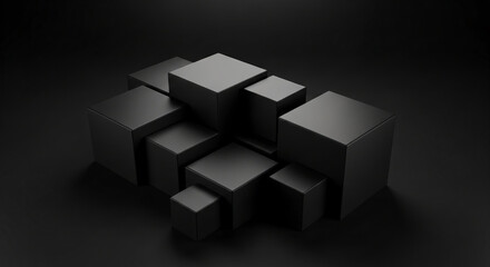 Fototapeta premium Abstract image of black cubes arranged on a dark background, creating a minimalist and modern showcase suitable for product display or design presentation