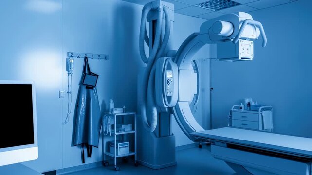 Modern radiography room with blue hue, showing diagnostic monitor, lead apron, and c-arm x-ray machine movement, laboratory.