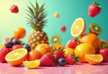 vibrant fruits hovering above colorful surfaces bright freshness juice healthy aesthetic playful composition, banana, kiwi, berry, orange, pineapple