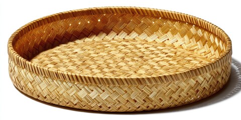 Round, light beige woven bamboo basket